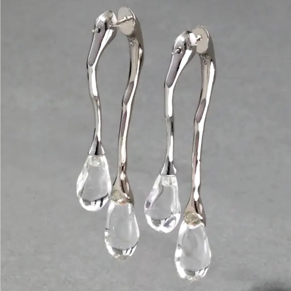 UNIQUE Lucite Front Back Double Drop Earrings Silver Clear MY24